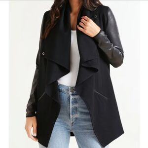 SPANX Ponte Drape Front Jacket Size 3X Faux Leather Sleeves Black Stretch NEW